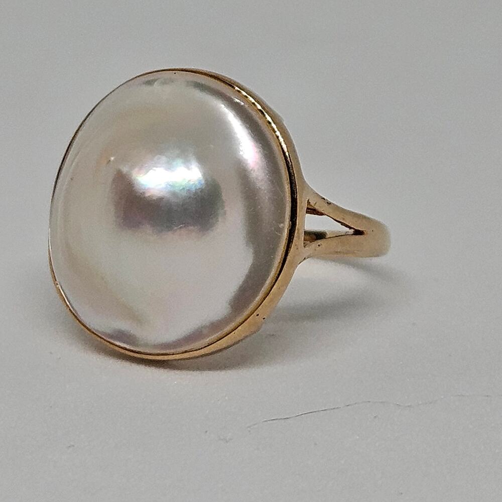 Estate 14K Yellow Gold Blister Pearl Ring Size 7 Bezel Set Split Shank Round - Picture 5 of 7